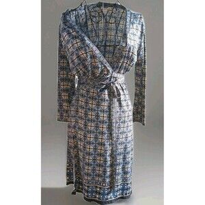 Max Studio Blue Boho Wrap Dress Sz XS Batik Vintage Print V-Neck Long-Sleeve